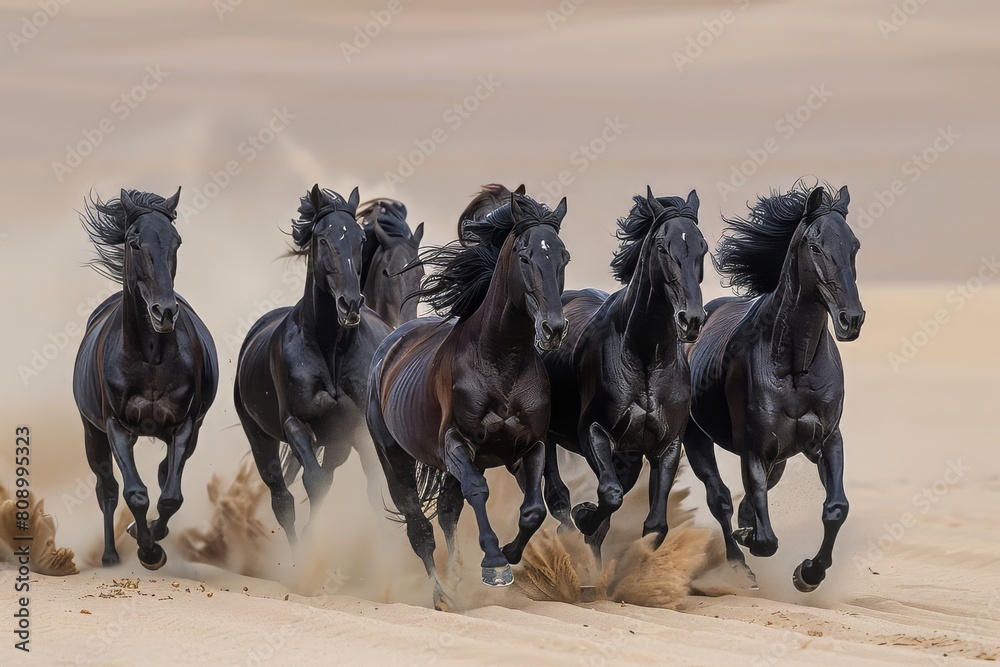 joyful image of a herd of white horses running through the sand, desert, dynamic angle, joyful image of a herd of white horses running through the sand, desert, dynamic angle,