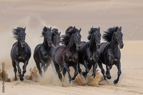 joyful image of a herd of white horses running through the sand, desert, dynamic angle,  © Jasenko