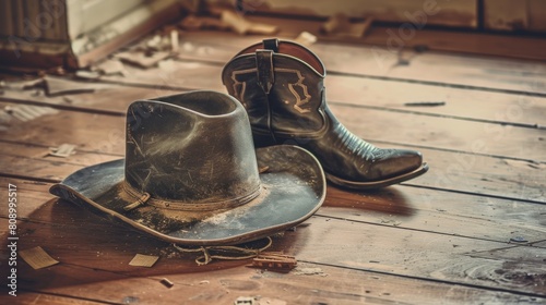 Leather shoes and cowboy hat isolated on old weathered, rustic, vintage, brown wooden plank floor
