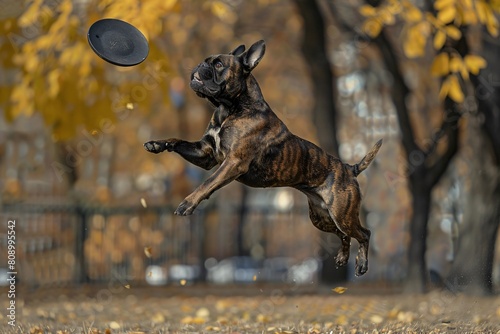 Boxer dog catching a frisbee in a park, action shot perfect for fitness or active lifestyle promotions.