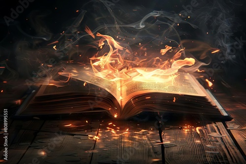 magical book emitting swirling flames and smoke 3d fantasy illustration enchanted tome photo