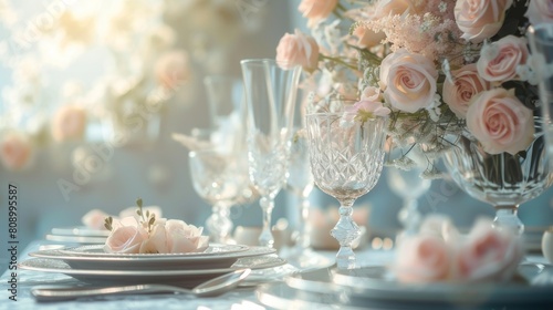 Wedding reception table setting decorated with beautiful flowers and sparkling glassware with copy space