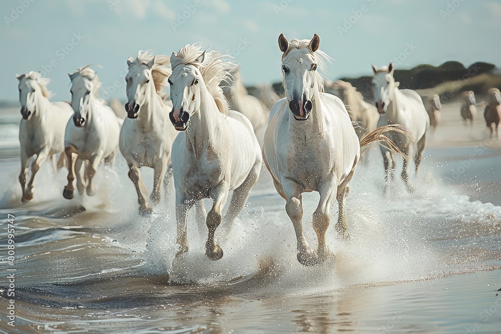 joyful image of a herd of white horses running through the river,, beach, sea, ocean water, dynamic angle, 