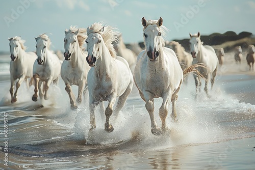 joyful image of a herd of white horses running through the river   beach  sea  ocean water  dynamic angle  