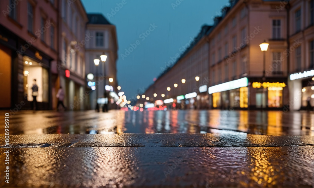 The street of the old town. Shops, signs, people going about their business, city life. An empty road. Rainy evening