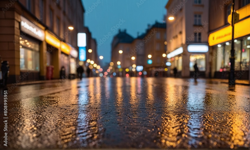 The street of the old town. Shops, signs, people going about their business, city life. An empty road. Rainy evening