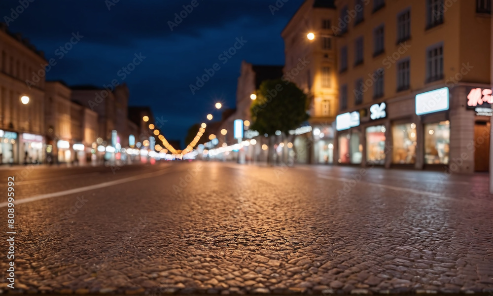 The street of the old town. Shops, signs, people going about their business, city life. An empty road. A pleasant evening