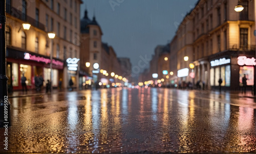 The street of the old town. Shops, signs, people going about their business, city life. An empty road. Rainy evening
