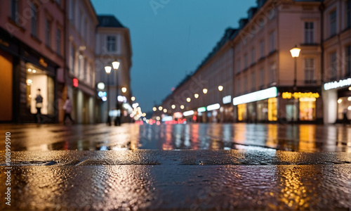The street of the old town. Shops  signs  people going about their business  city life. An empty road. Rainy evening