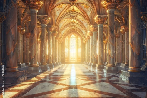 majestic golden palace interior with fantasy castle backdrop realistic fairy tale concept art
