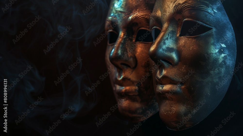 Close up of two male and female theater masks, looking old, rustic and vintage, on a dark background with copy space