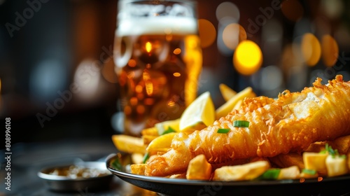Casual Dining Delight, Close-up of a casual plate of fish and chips with a refreshing beer, set on a black background, perfect for a relaxed dining concept with space for promotional text