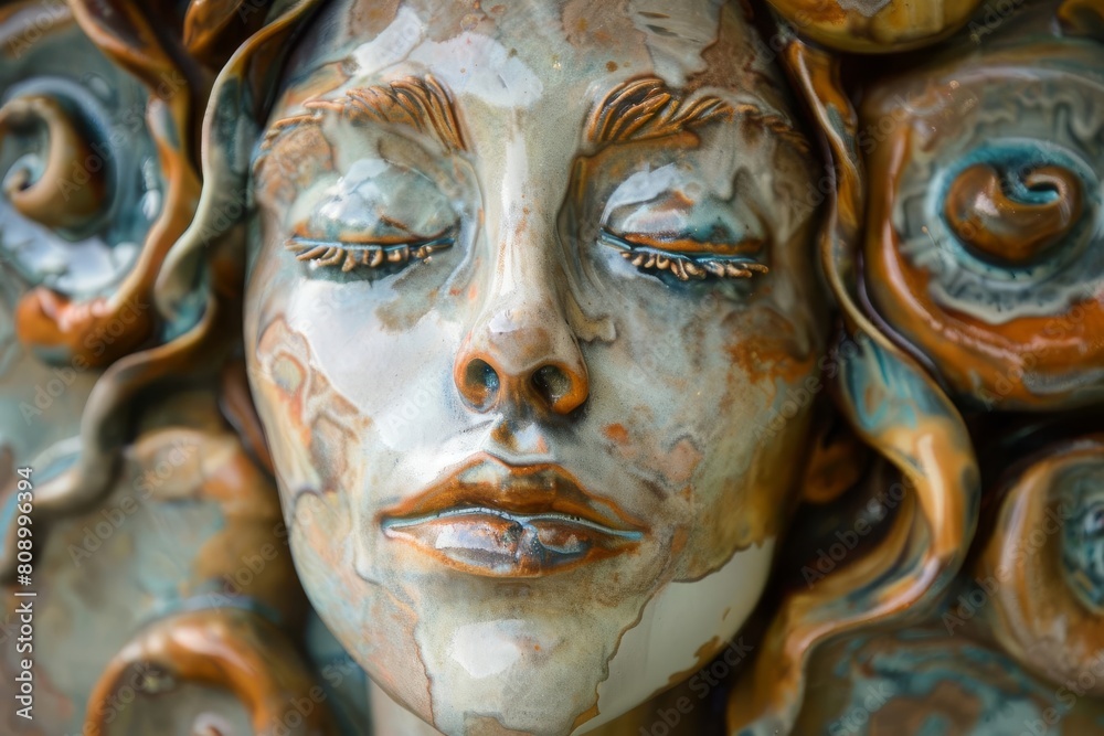 mesmerizing ceramic sculpture of a womans face with closed eyes serene expression intricate details abstract background artistic concept illustration