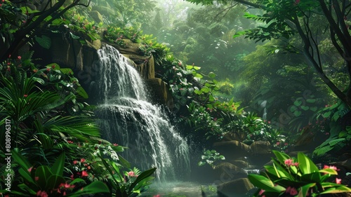 A lush forest with a waterfall