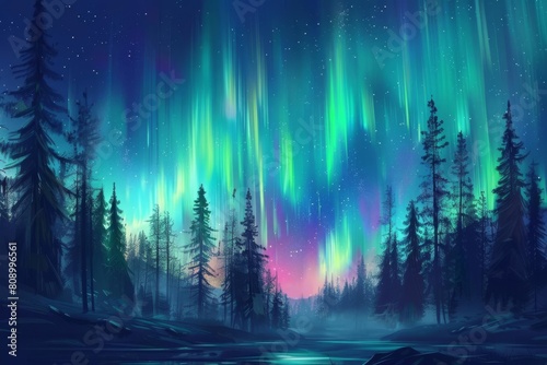 mesmerizing northern lights dancing above a tranquil forest landscape digital painting