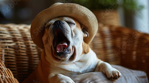 Bulldog wearing a funny hat, captured while yawning, excellent for humorous and engaging social media posts. photo