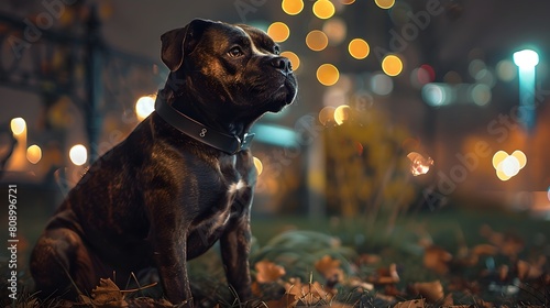 Well-Groomed Stafford Terrier Sitting in Nighttime City Scene photo