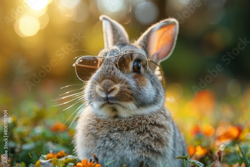 An adorable animal background of a brown rabbit wearing eyes glasses sitting on the ground in the spring season  with many falling leaves around the area.