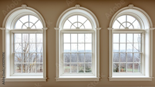 Interior design, white, neo classical style with arched windows texture background.