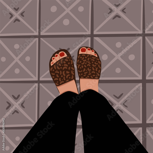 Legs selfie. Top view. Travel blogger legs selfie in shoes. Blogger lifestyle concept. Real estate vector concept, frames for social network.