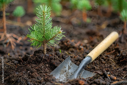 planting the future shovel and spruce seedling in coniferous garden sustainable landscaping photography