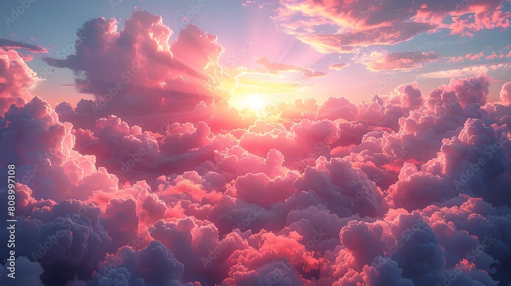 Ethereal Pink Cloud Sunset Scenery in Anime-Inspired Maroon and Blue Hues