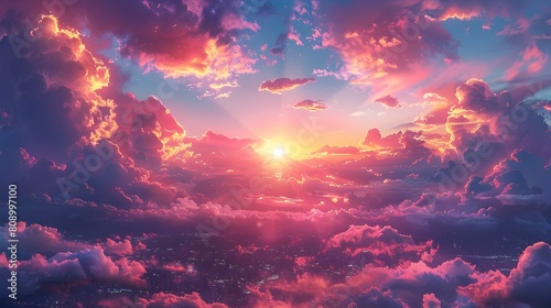 Enchanting Sunset Dreamscape:Vibrant Anime-Inspired Sky Erupts in Maroon and Indigo Tones photo