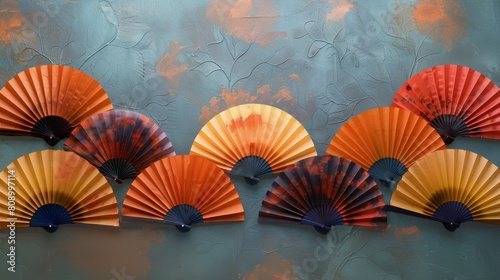 Oriental paper fans background  copy space. Japanese template