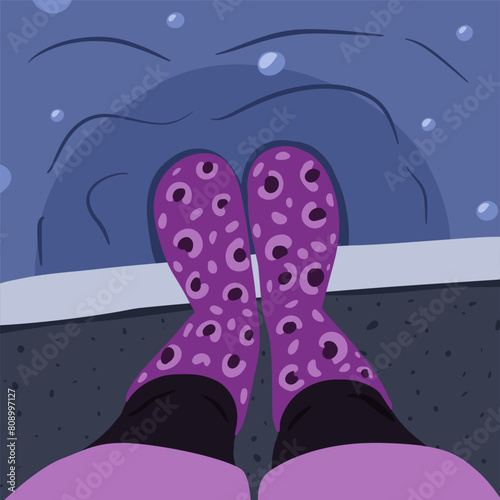 Legs selfie. Top view. Travel blogger legs selfie in shoes. Blogger lifestyle concept. Real estate vector concept, frames for social network.