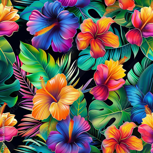 tropical flowers and leaves seamless background