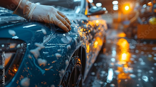 Car Wrap Installer Applying Transparent Film to Vehicle Paint Surface photo