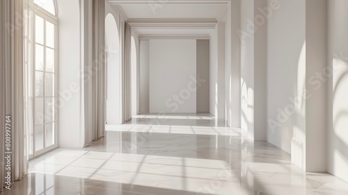 Interior design perspective wide shot. large clean apartment. the only windows are to the right. texture background.