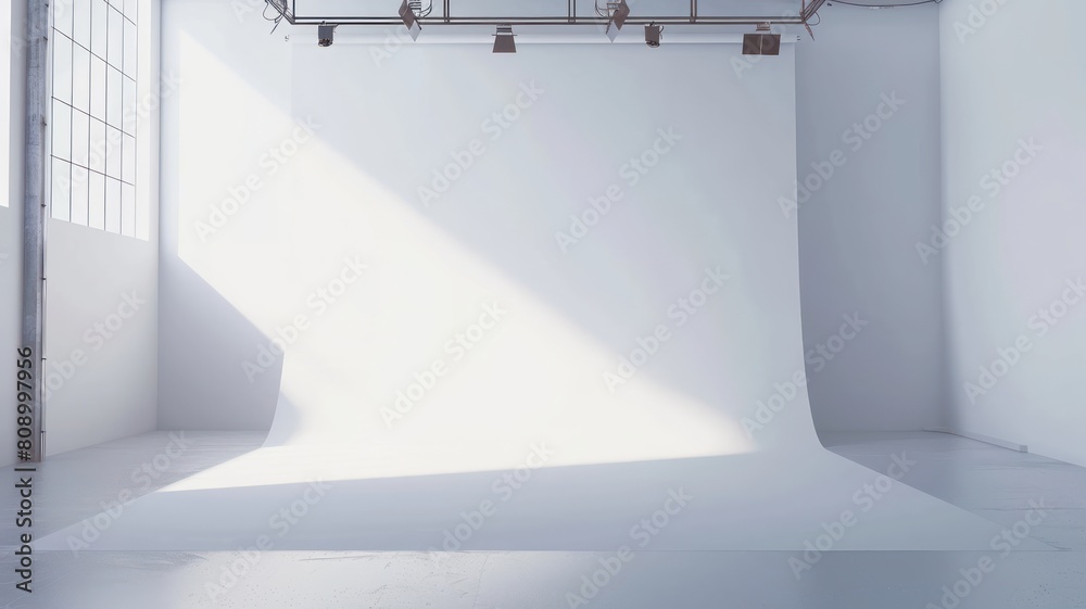 White studio background. Empty photo studio. Realistic 3D template mock up. Backdrop stand (tripods) with white paper backdrop. White studio background. Empty photo studio. Realistic 3D template mock up. Backdrop stand (tripods) with white paper backdrop.