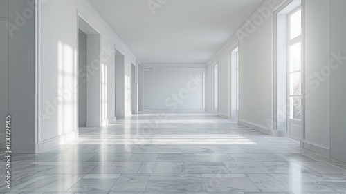 Interior design perspective wide shot. large clean apartment. the only windows are to the right. texture background.