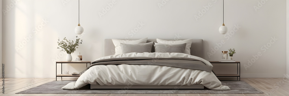 Beige bed decor and grey pillows against empty white wall background. Minimalist style home interior design of modern living room Beige bed decor and grey pillows against empty white wall background. Minimalist style home interior design of modern living room