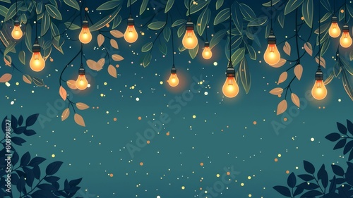 Simple flat illustration of light bulbs string on the tree with leaves. Night light bulbs nature illustration background photo