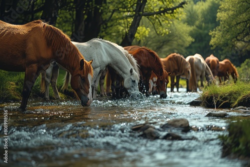 joyful image of a brown and white horses drinking water from the river   thirst   dynamic angle  