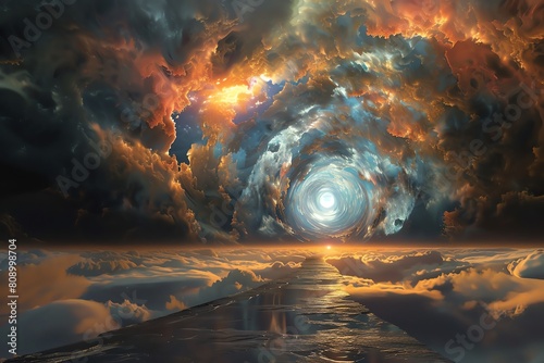 A surreal and awe-inspiring painting of a path leading into a portal to another realm