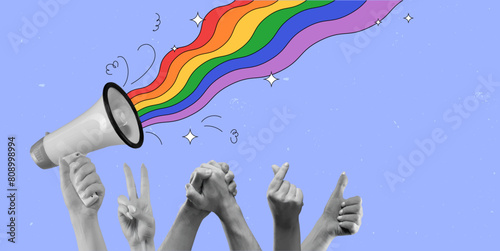 Megaphone with rainbow appearing and raised human hands showing support to LGBT community against purple background. Contemporary art collage. LGBT, equality, pride month, support, love, human rights