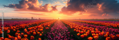 landscape with tulip field at sunrise, tulips bloom in farm at sunset, flowers in nature. Fantasy Wall Art Poster Print Design for Home Decor, Decoration Artwork, Wallpaper & Background for Computer photo