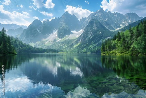 serene mountain lake surrounded by majestic peaks and lush forests breathtaking landscape photography