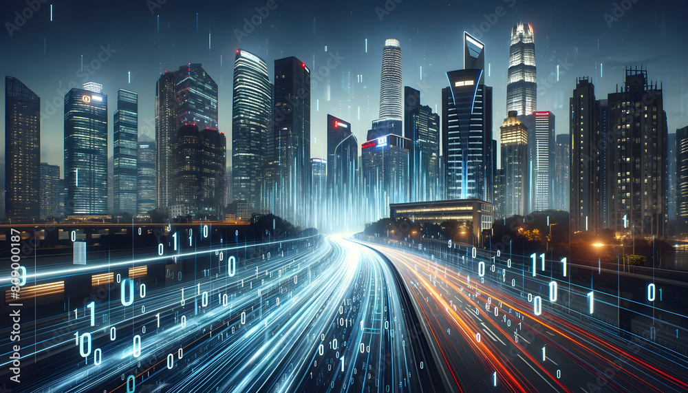 a futuristic cityscape at night with streams of digital data represented as binary code racing along a city road.