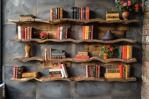 joyful image of a books on a curvy avangard bookshelf, angle