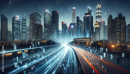 a futuristic cityscape at night with streams of digital data represented as binary code racing along a city road.