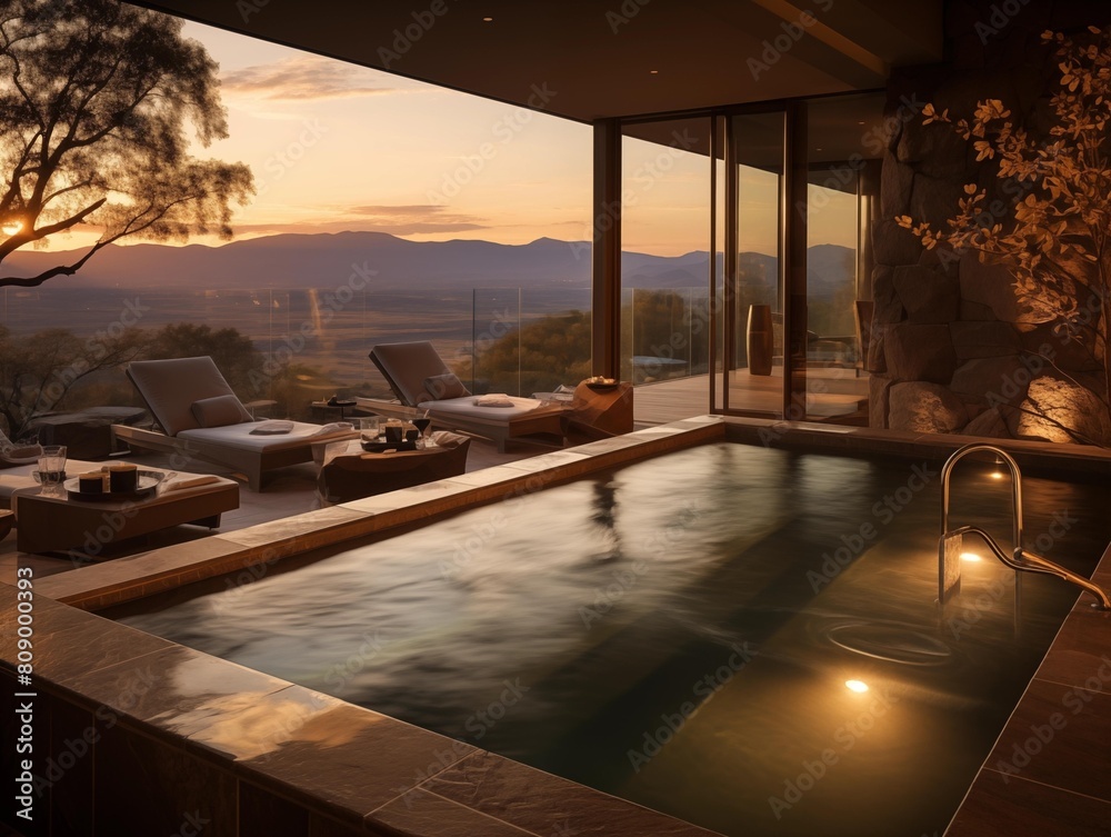 A Serene Sunset View from an Indoor Pool in the Hills
