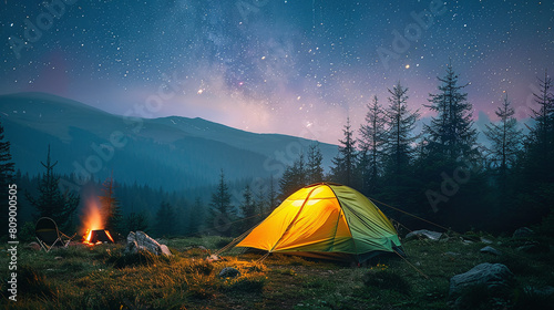 illuminated camping tent in the woods at night, off-grid vacation, wild lifestyle, pure nature contemplation