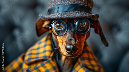 Dachshund dressed in a detective outfit, perfect for mystery-themed books or games promotions. photo
