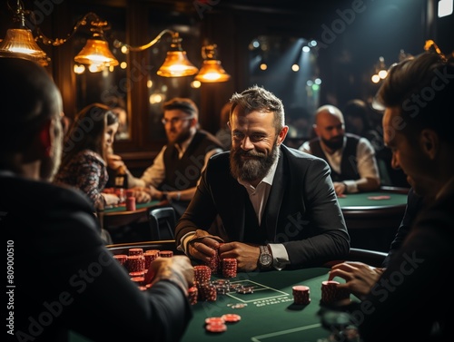 Bearded Man Enjoys Poker Game at Casino Tonight photo