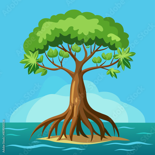 Mangrove Tree with Roots and Green Leaves Vector Illustration