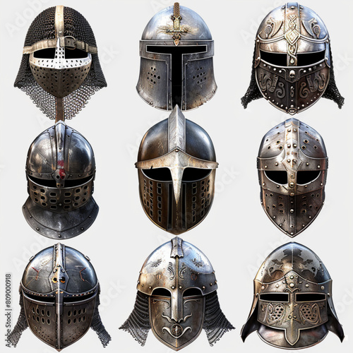Knight warrior helmet, heraldry armor of medieval soldier, ancient roman gladiator or spartan fighter. Vector great helm or armet with visor, old metal armor front view of trojan army warrior